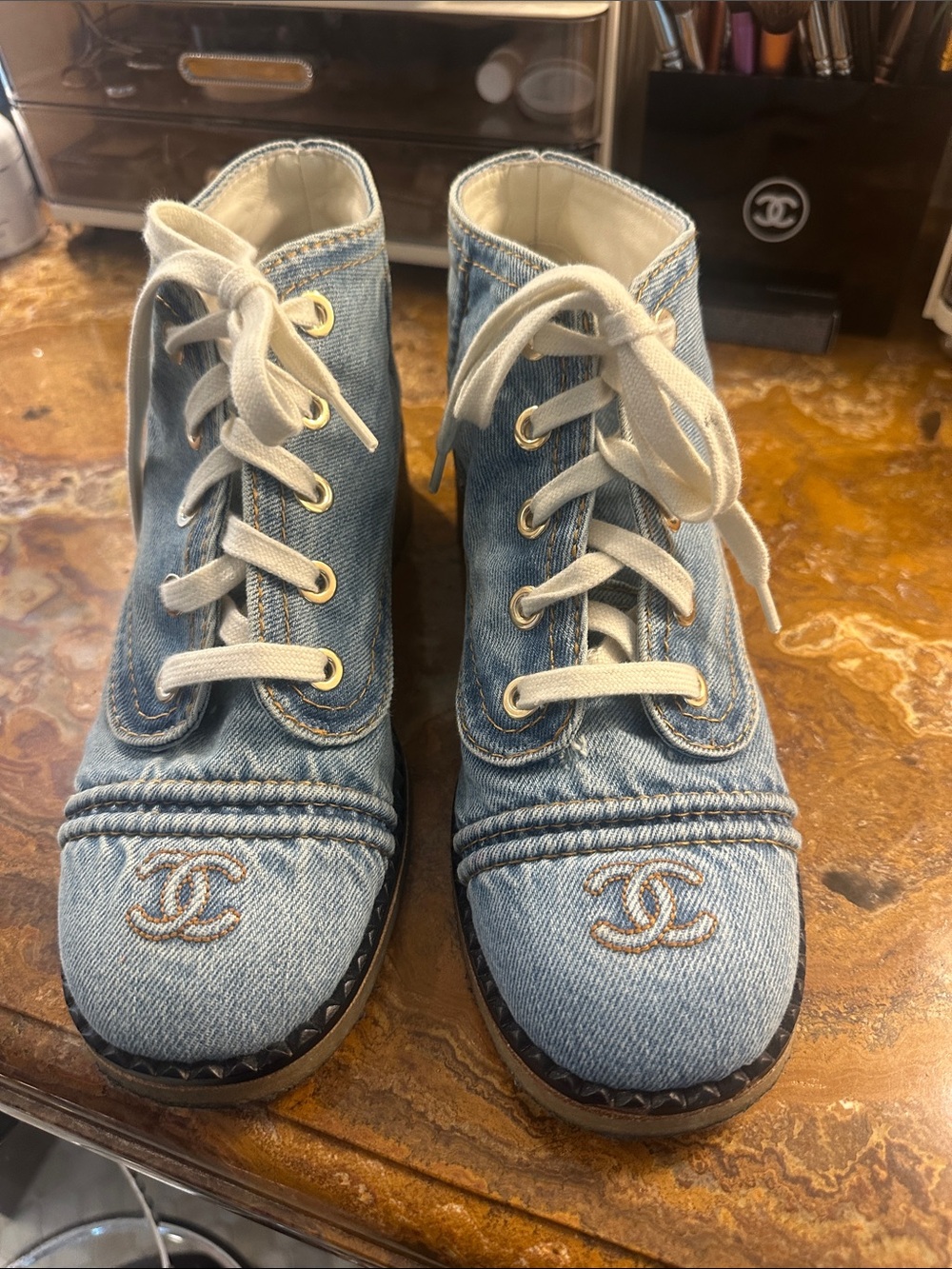 CHANEL Light Blue Denim Ankle Booties with Ivory Laces and Gold-Tone Eyelets